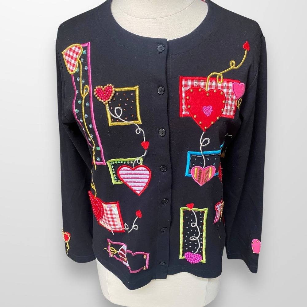 Jack B Quick Medium Cardigan Top Valentines Day Heart‎ Love Beaded VTG